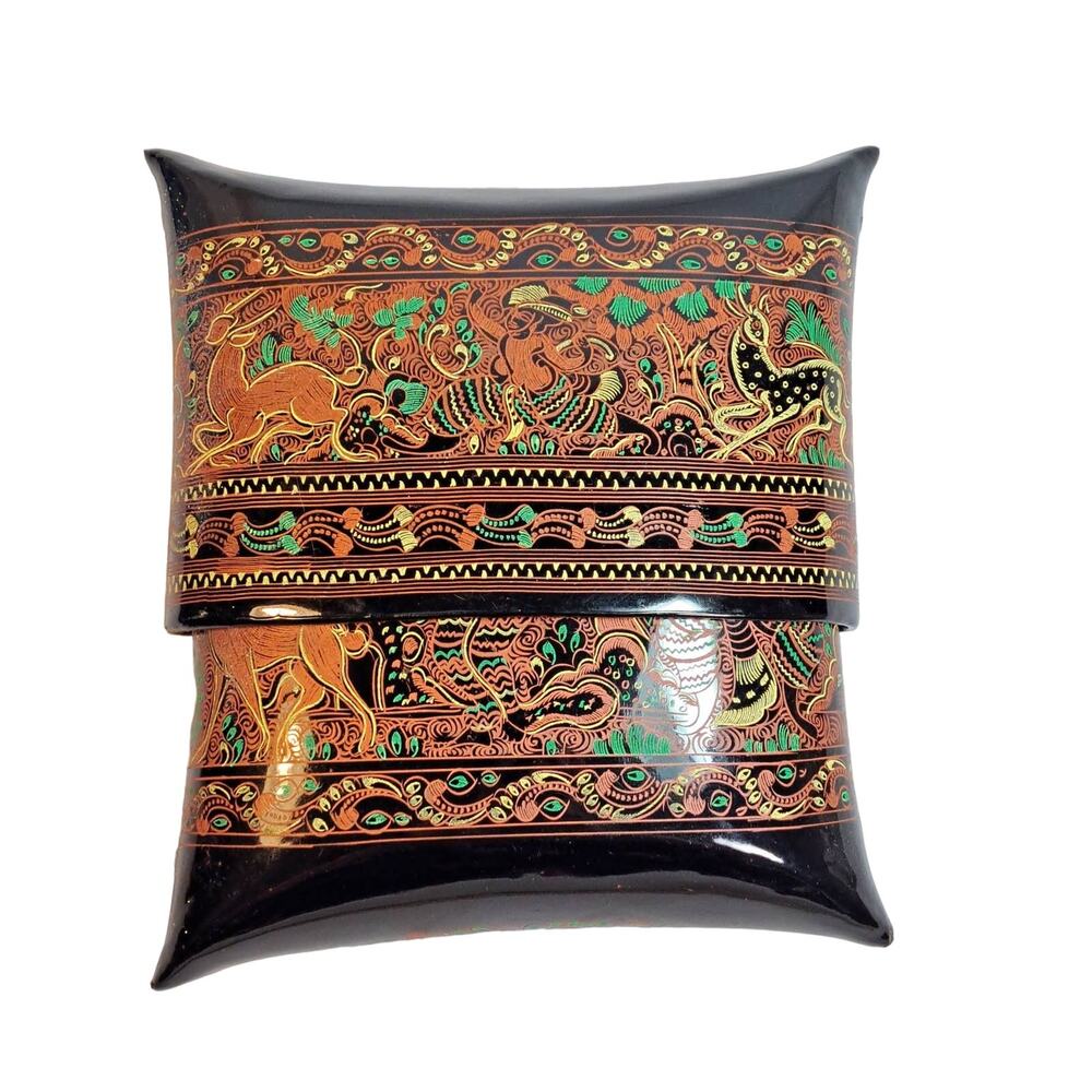Vintage 1990s Lacquered Clutch Hand Painted Purse Box Decor